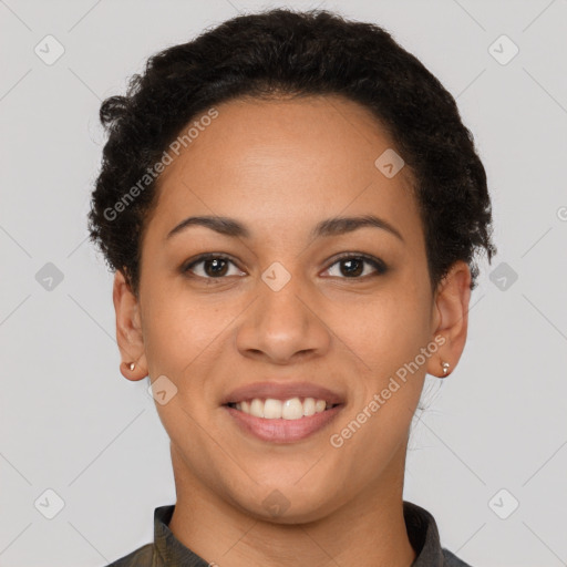 Joyful latino young-adult female with short  brown hair and brown eyes