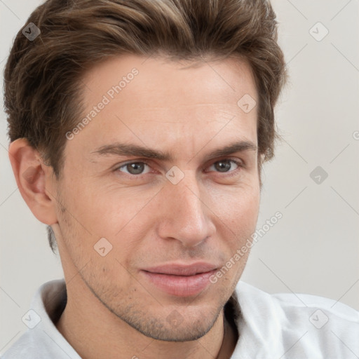 Neutral white adult male with short  brown hair and brown eyes