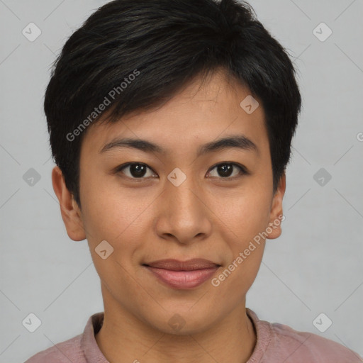 Joyful asian young-adult female with short  brown hair and brown eyes