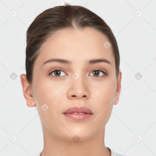 Neutral white young-adult female with short  brown hair and brown eyes