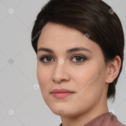 Joyful white young-adult female with medium  brown hair and brown eyes