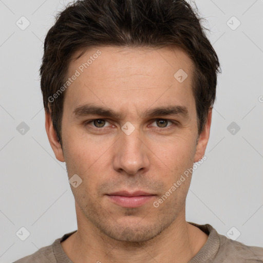 Neutral white young-adult male with short  brown hair and brown eyes