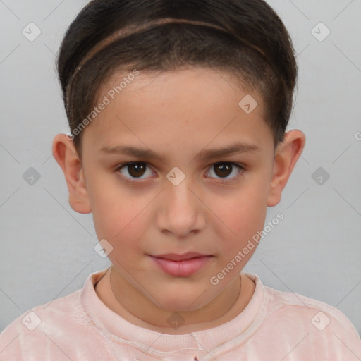 Joyful white child female with short  brown hair and brown eyes