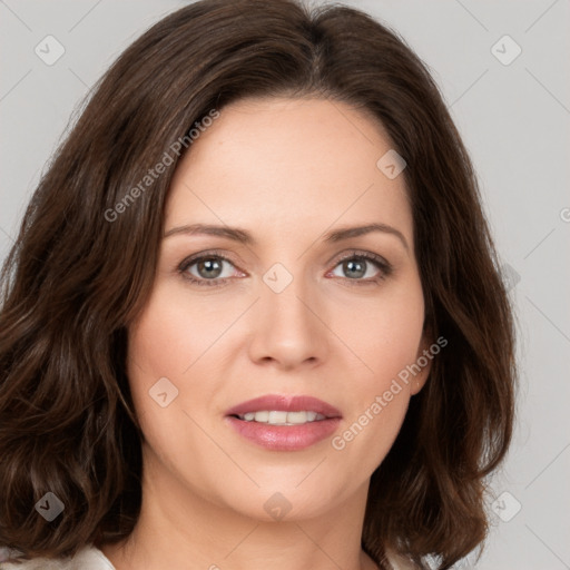 Joyful white young-adult female with medium  brown hair and green eyes