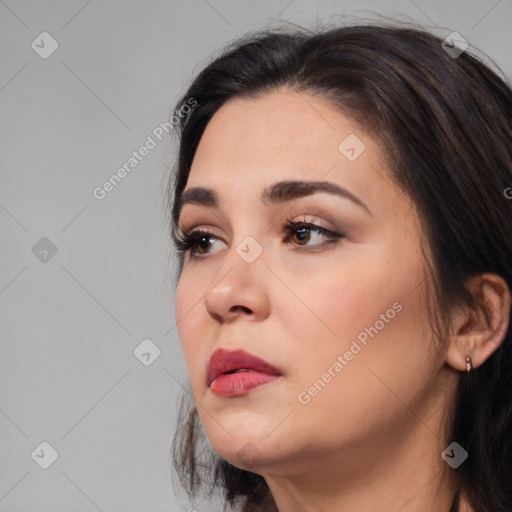 Neutral white young-adult female with medium  brown hair and brown eyes