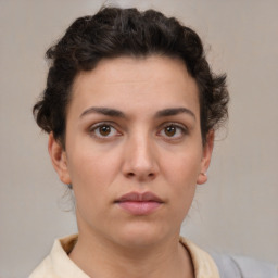 Neutral white young-adult female with short  brown hair and brown eyes