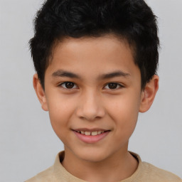 Joyful asian child male with short  brown hair and brown eyes