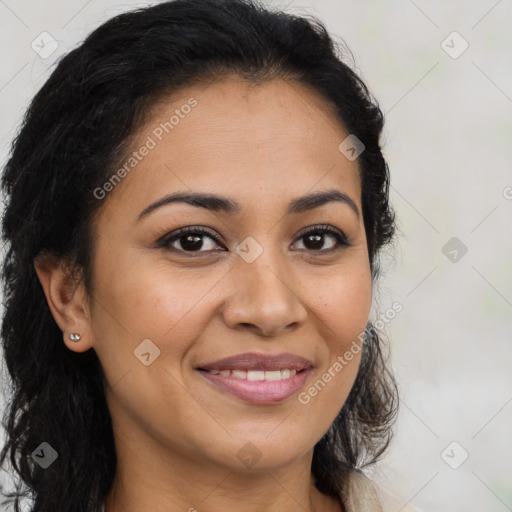 Joyful latino young-adult female with long  brown hair and brown eyes