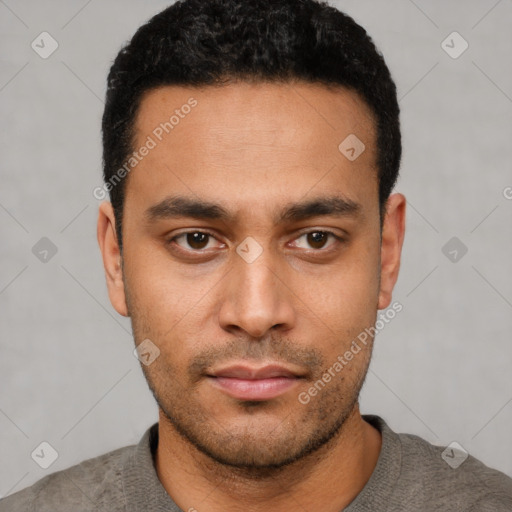 Neutral latino young-adult male with short  black hair and brown eyes