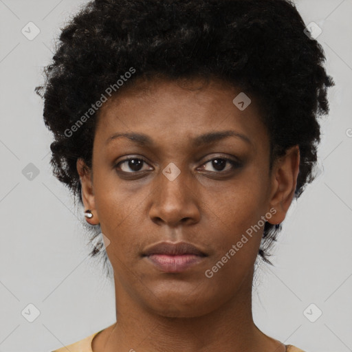 Neutral black young-adult female with short  black hair and brown eyes