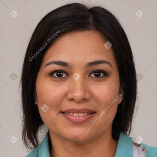 Joyful latino young-adult female with medium  brown hair and brown eyes