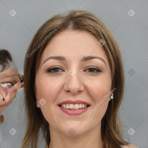 Joyful white young-adult female with medium  brown hair and brown eyes