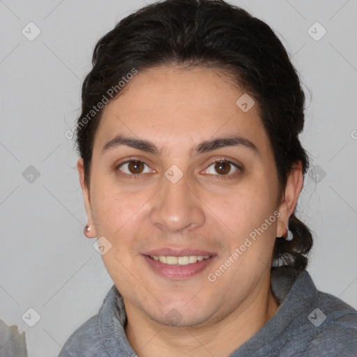 Joyful white young-adult female with short  brown hair and brown eyes