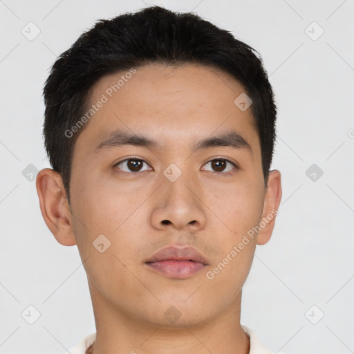 Neutral asian young-adult male with short  brown hair and brown eyes