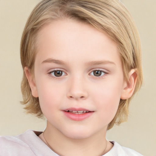 Joyful white child female with medium  brown hair and grey eyes