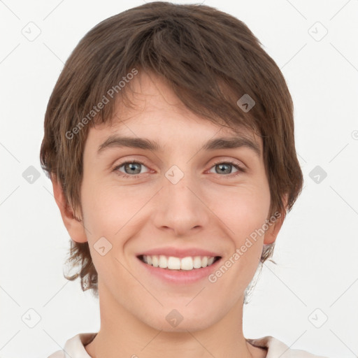 Joyful white young-adult female with short  brown hair and grey eyes