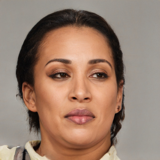 Joyful latino adult female with medium  brown hair and brown eyes