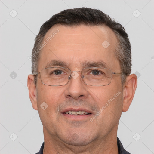 Joyful white middle-aged male with short  brown hair and brown eyes