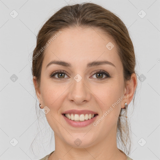 Joyful white young-adult female with medium  brown hair and grey eyes