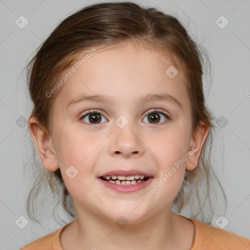 Joyful white child female with medium  brown hair and brown eyes