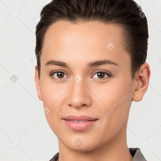 Joyful white young-adult female with short  brown hair and brown eyes