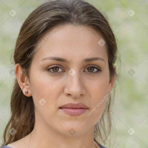 Joyful white young-adult female with medium  brown hair and green eyes