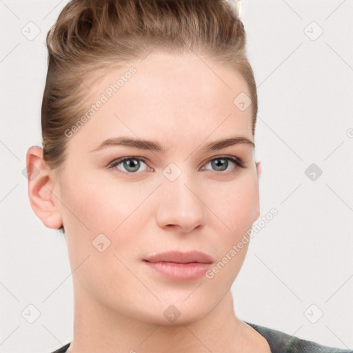 Neutral white young-adult female with short  brown hair and brown eyes