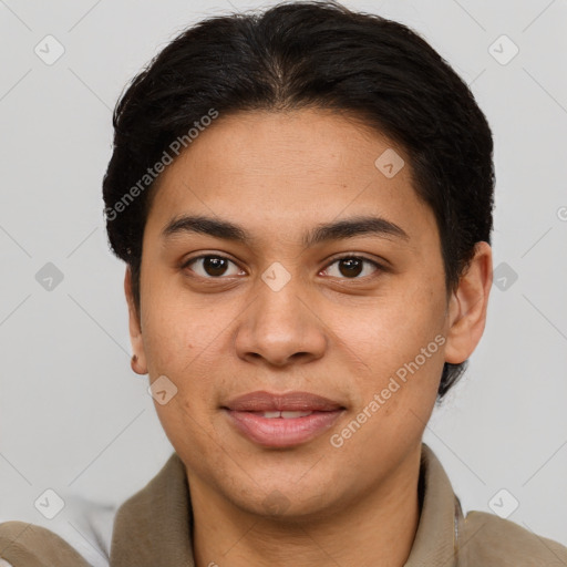 Joyful latino young-adult male with short  brown hair and brown eyes