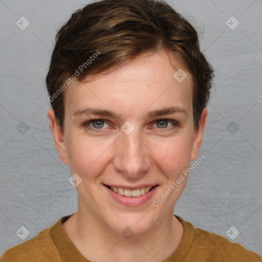 Joyful white young-adult female with short  brown hair and grey eyes