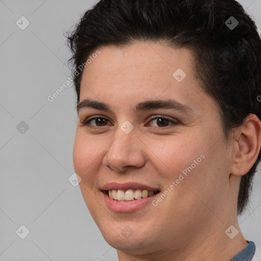 Joyful white young-adult female with short  brown hair and brown eyes