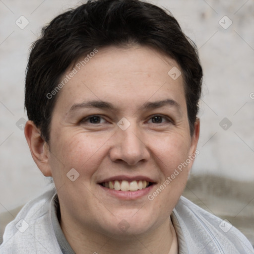 Joyful white adult female with short  brown hair and brown eyes