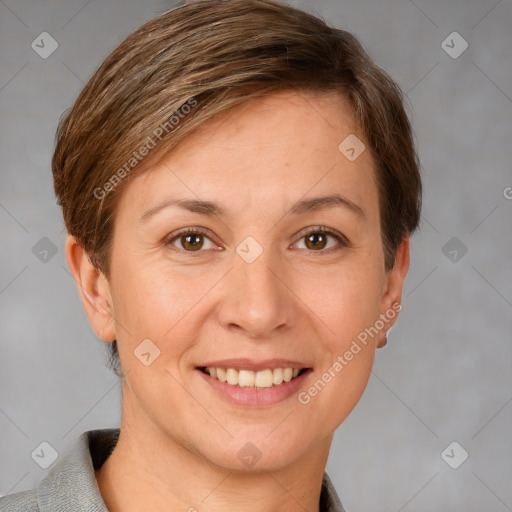 Joyful white young-adult female with short  brown hair and grey eyes