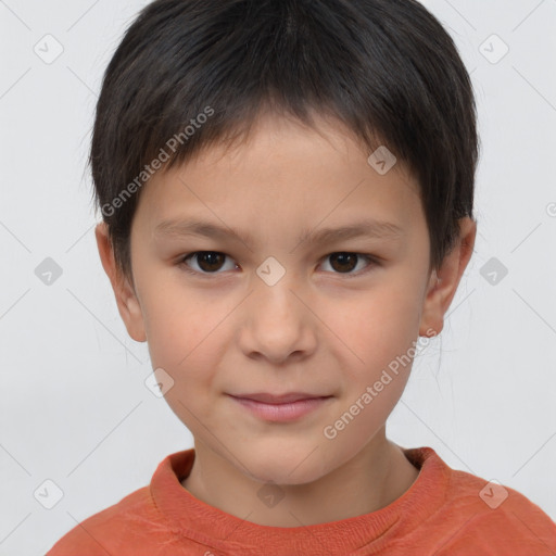 Joyful white child male with short  brown hair and brown eyes