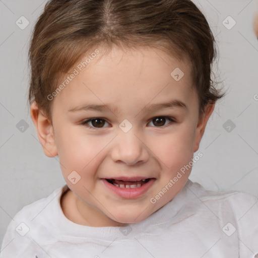 Joyful white child female with short  brown hair and brown eyes