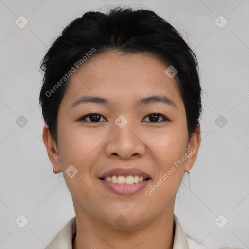 Joyful asian young-adult female with short  brown hair and brown eyes