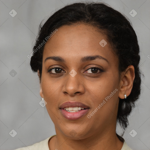 Joyful latino young-adult female with medium  brown hair and brown eyes