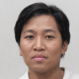 Neutral asian adult female with short  brown hair and brown eyes