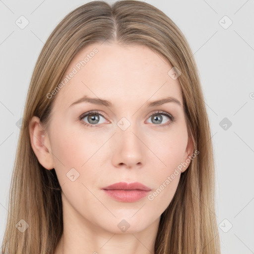 Neutral white young-adult female with long  brown hair and grey eyes