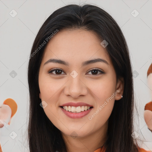 Joyful asian young-adult female with long  brown hair and brown eyes