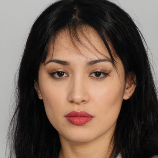 Neutral latino young-adult female with long  brown hair and brown eyes