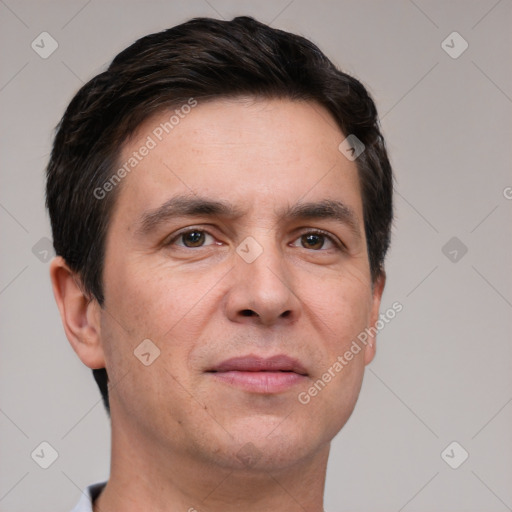 Neutral white adult male with short  brown hair and brown eyes