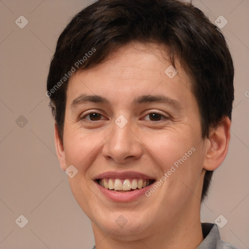 Joyful white young-adult female with short  brown hair and brown eyes