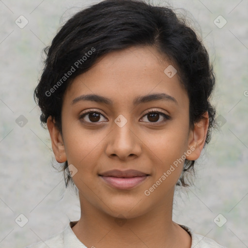 Joyful latino young-adult female with medium  brown hair and brown eyes