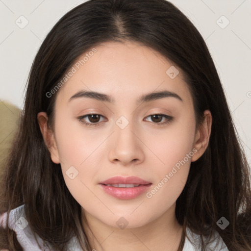 Neutral white young-adult female with long  brown hair and brown eyes