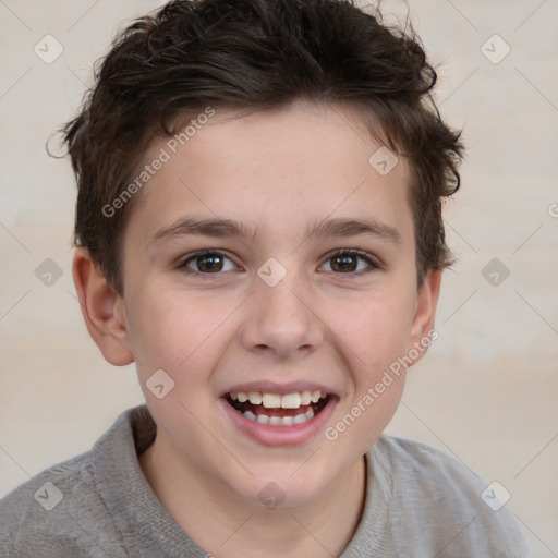 Joyful white child female with short  brown hair and brown eyes