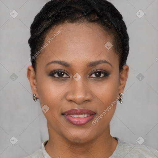 Joyful black young-adult female with short  brown hair and brown eyes