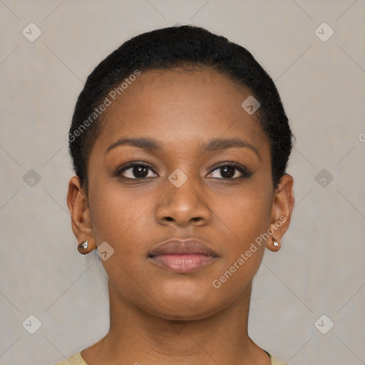 Neutral black young-adult female with short  brown hair and brown eyes