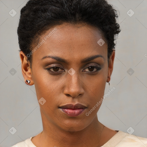 Neutral black young-adult female with short  brown hair and brown eyes