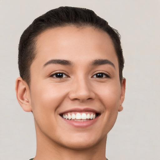 Joyful white young-adult female with short  brown hair and brown eyes