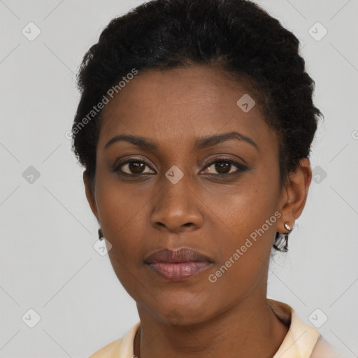 Neutral black young-adult female with short  black hair and brown eyes